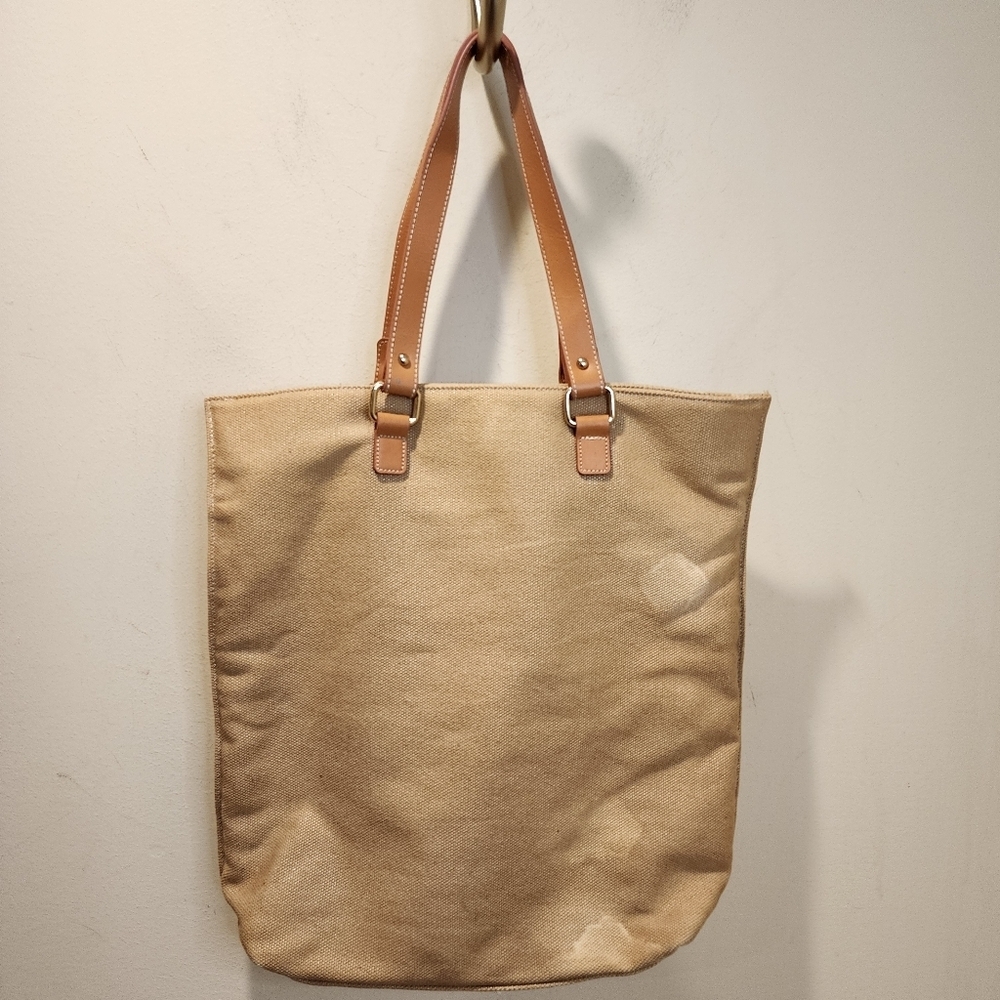 J. Mclaughlin Tan Canvas Tote Bag with Leather Straps